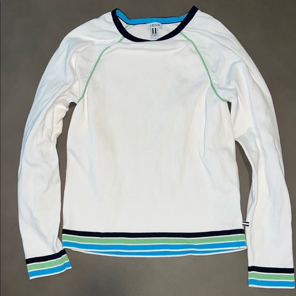VINTAGE Izod White Long Sleeve Shirt with Blue and Green Stripes - Picture 1 of 4